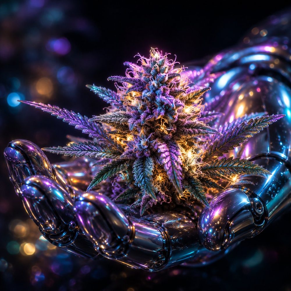 Chrome robotic hand cradling a glowing cannabis bud
