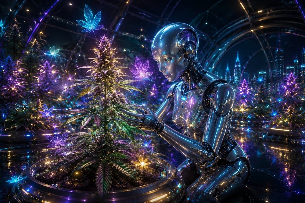 Chrome android tending glowing cannabis in a futuristic greenhouse